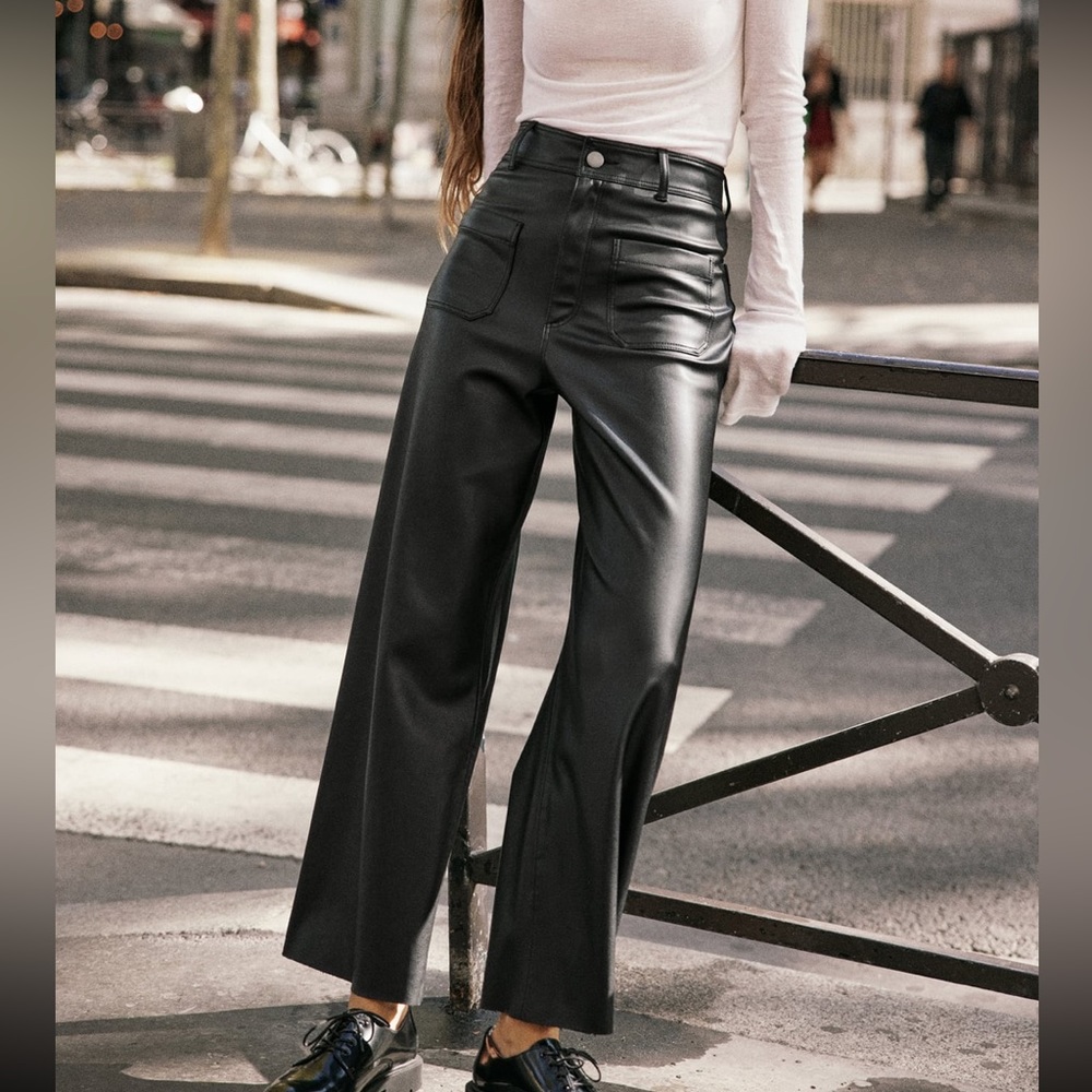 ZARA High-Waisted Faux Leather Marine Straight Pants - Excellent Condition